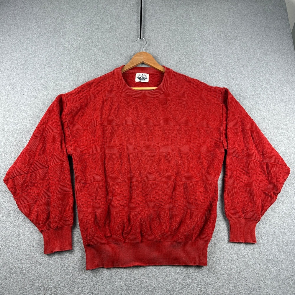 Vintage‎ 90s Dockers Sweater Mens XL Textured Geometric Red Pullover Cotton